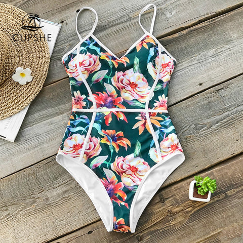 CUPSHE Tropical Floral Print V-neck One-piece Swimsuit