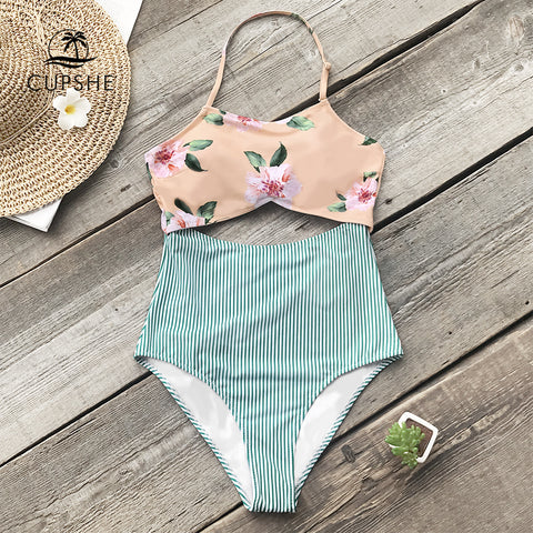 CUPSHE Pink Floral And Green Striped Halter One-piece Swimsuit