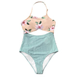 CUPSHE Pink Floral And Green Striped Halter One-piece Swimsuit