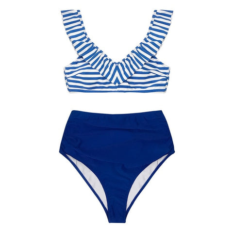 CUPSHE Blue Striped Ruffle Bikini Sets
