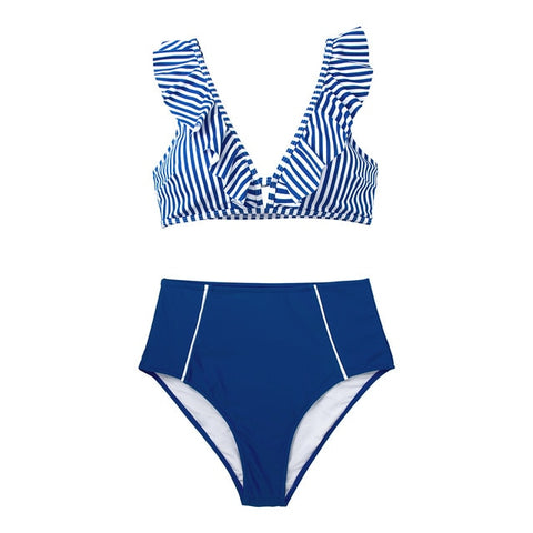 CUPSHE Blue Striped And High-waisted Ruffles Bikini Sets