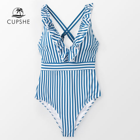 CUPSHE Blue And White Stripe Ruffled One-Piece Swimsuit