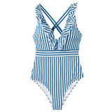CUPSHE Blue And White Stripe Ruffled One-Piece Swimsuit
