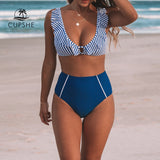 CUPSHE Blue Striped And High-waisted Ruffles Bikini Sets