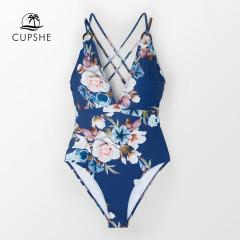 CUPSHE Blue Floral Strappy One-Piece Swimsuit